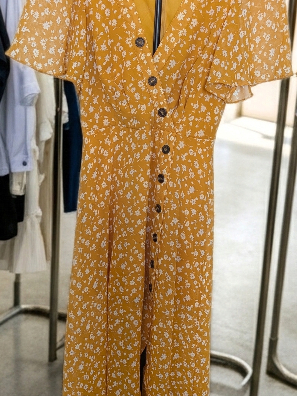 Lulu's Mustard Yellow Floral Button-Front Midi Dress